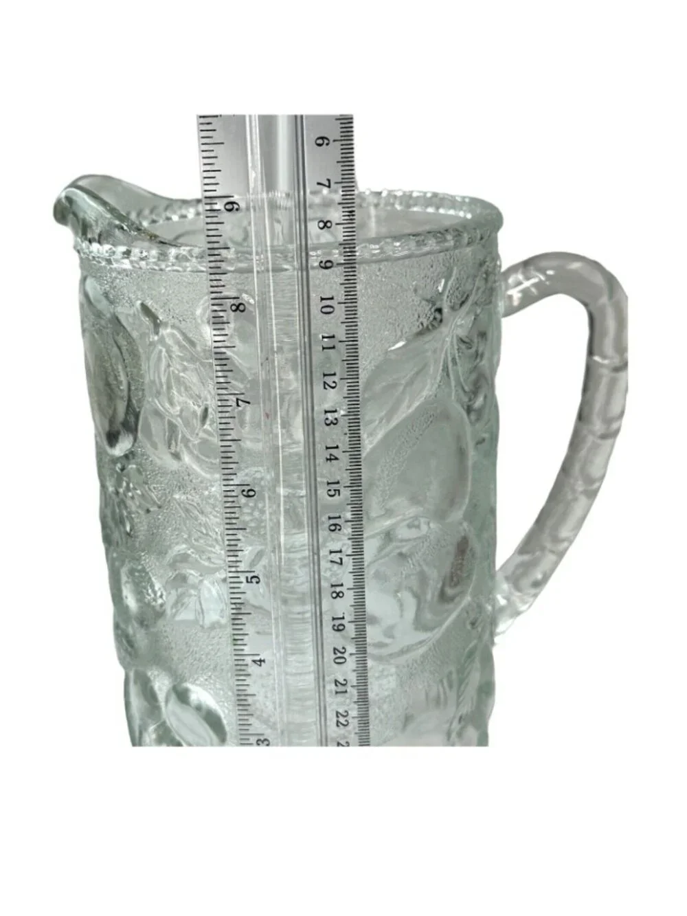 VTG Libbey Orchard Fruit Clear Pitcher + 2 Glasses Pressed Glass Raised Fruit